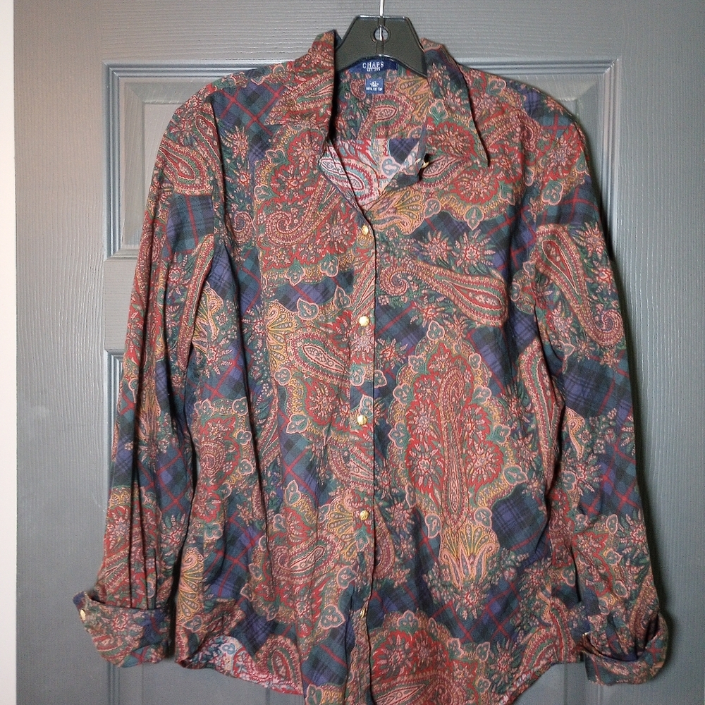 Chaps Ralph Lauren Cotton Gold Button Up Shirt Y2K Purple Paisley & Plaid XL VTG